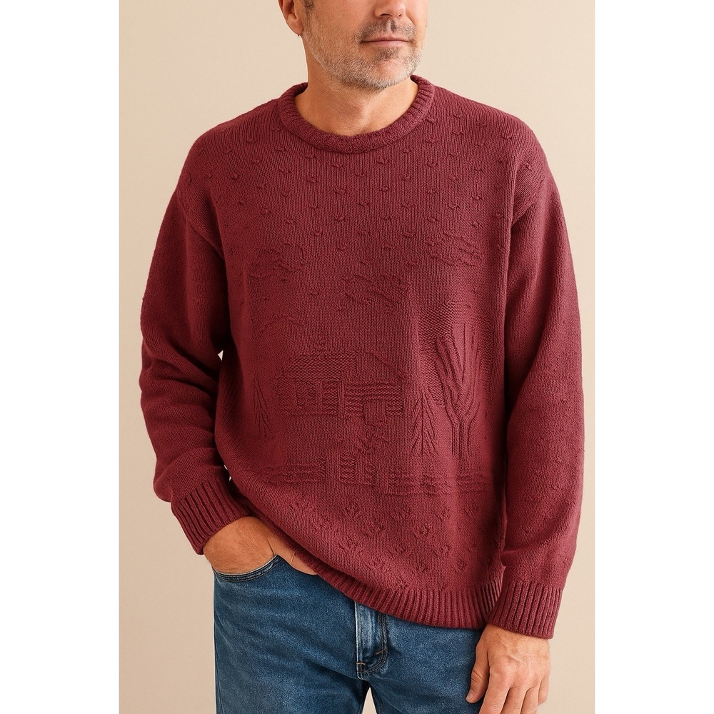 Vintage Northern Reflections‎ Barn Scene Sweater Maroon Men's Large Canada